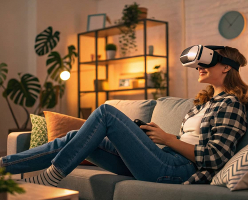 Eine Frau sitzt entspannt auf dem Sofa in einem stilvoll eingerichteten Wohnzimmer und nutzt eine VR-Brille für ein immersives Einkaufserlebnis. Virtuelle Realität als ein wichtiger E-Commerce-Trend 2025 ermöglicht es, Produkte vor dem Kauf interaktiv zu erleben