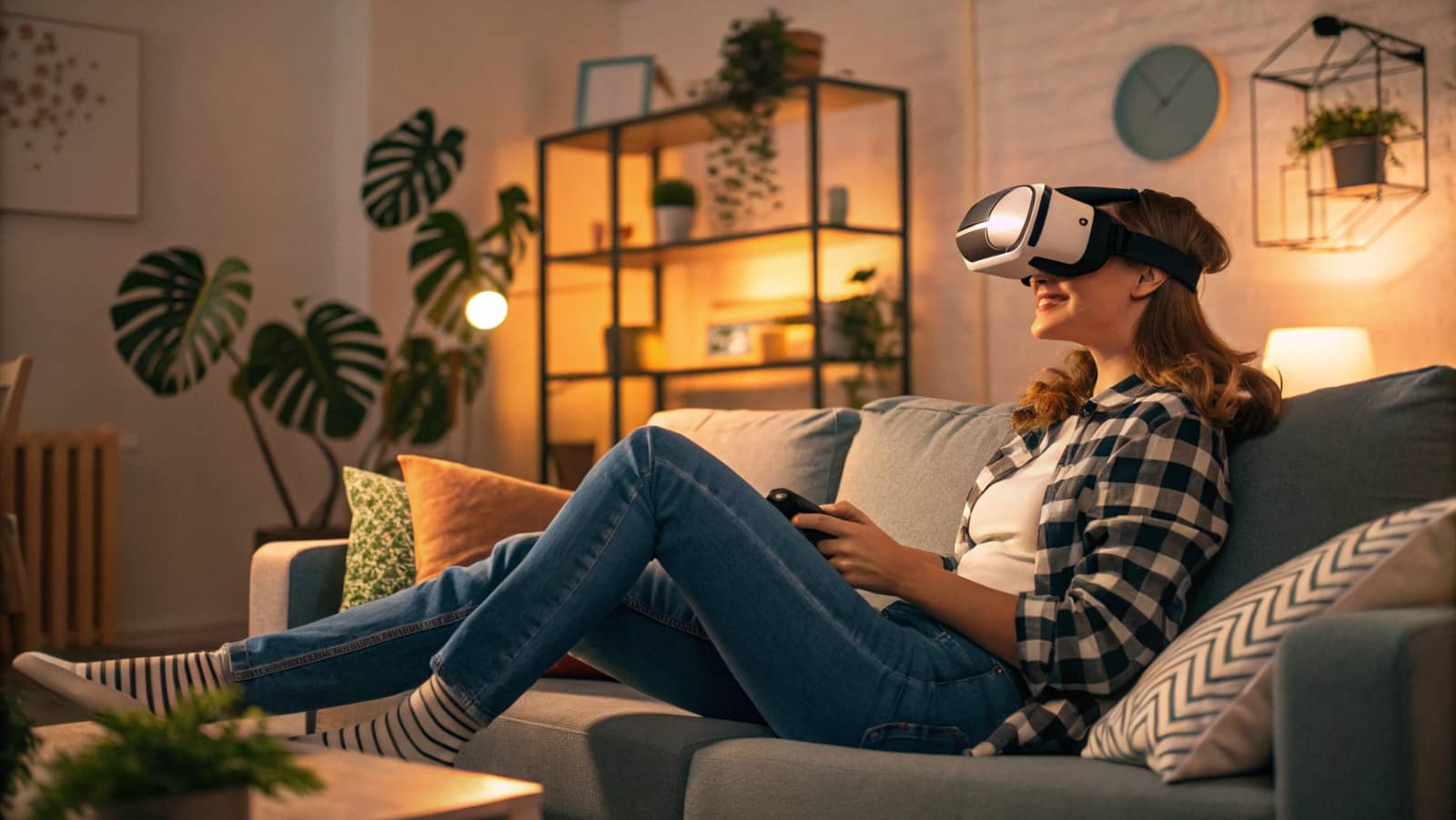 Eine Frau sitzt entspannt auf dem Sofa in einem stilvoll eingerichteten Wohnzimmer und nutzt eine VR-Brille für ein immersives Einkaufserlebnis. Virtuelle Realität als ein wichtiger E-Commerce-Trend 2025 ermöglicht es, Produkte vor dem Kauf interaktiv zu erleben